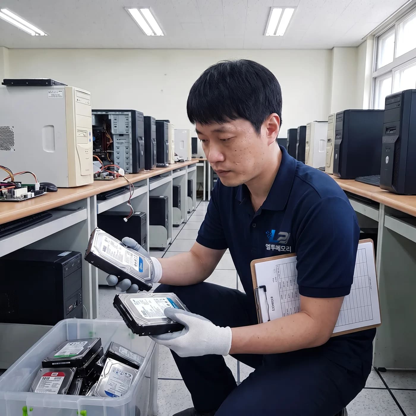 전산실에 정리된 PC와 하드디스크